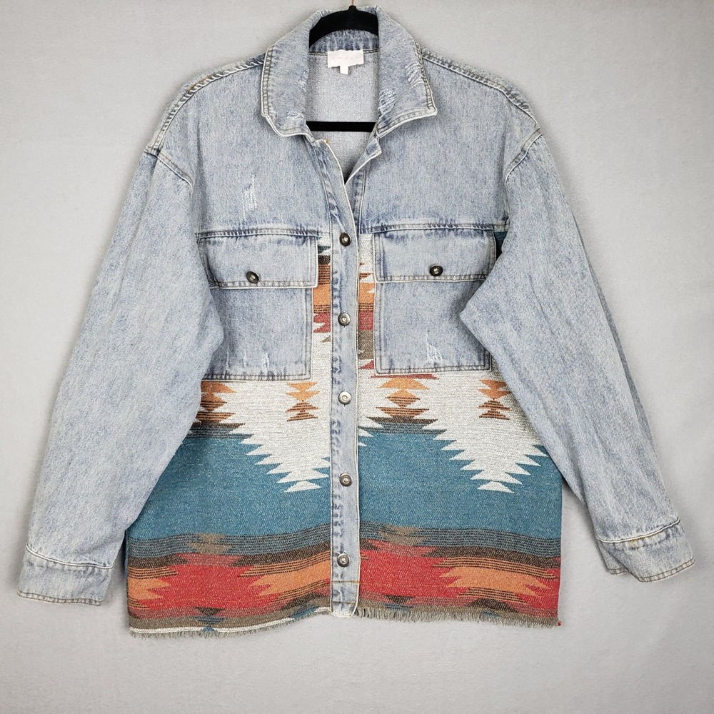 Entro Womens Size M Southwestern Denim Shacket Jacket Desert Cowgrirl Boho Aztec